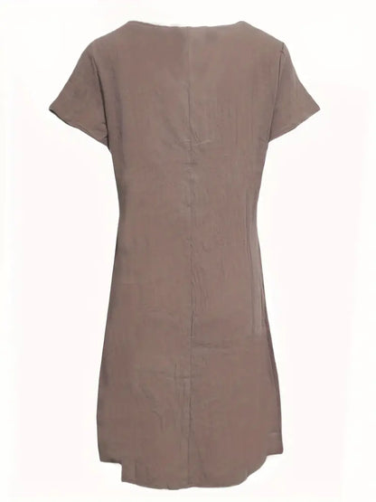 Loose Solid Short Sleeve Knee-Length Round Neck Pocket Dress